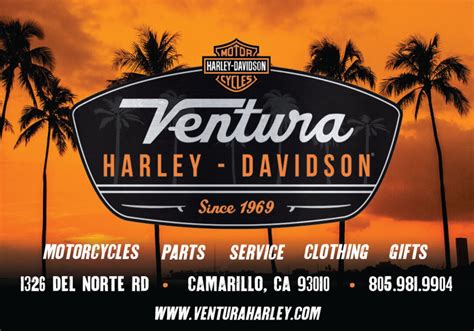 Ventura harley - Business Profile for Ventura Harley Davidson. Motorcycle Dealers. At-a-glance. Contact Information. 1326 Del Norte Rd. Camarillo, CA 93011. Visit Website (805) 981-9904. Want a quote from this ... 